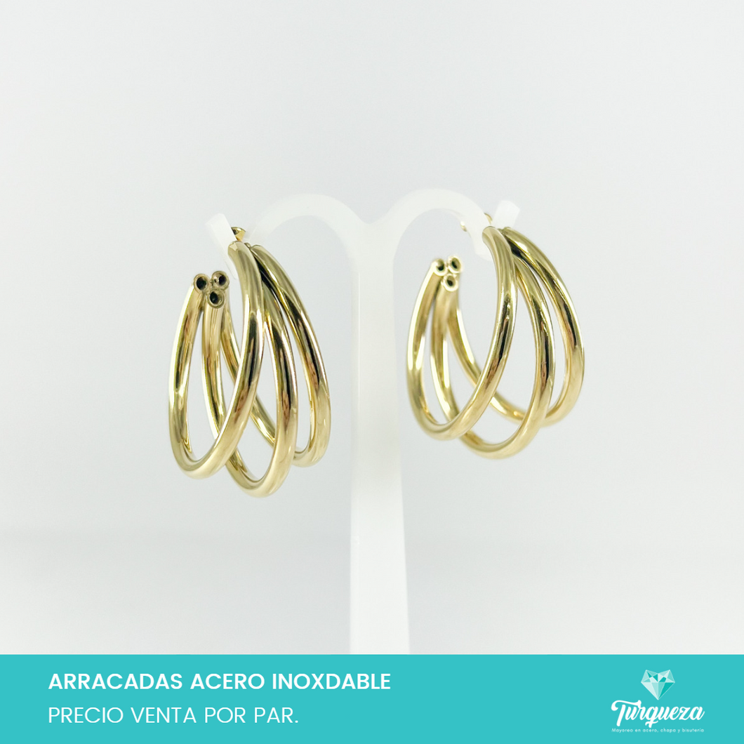 Aretes Arracadas Triples Hueca Dorada Acero Inoxidable