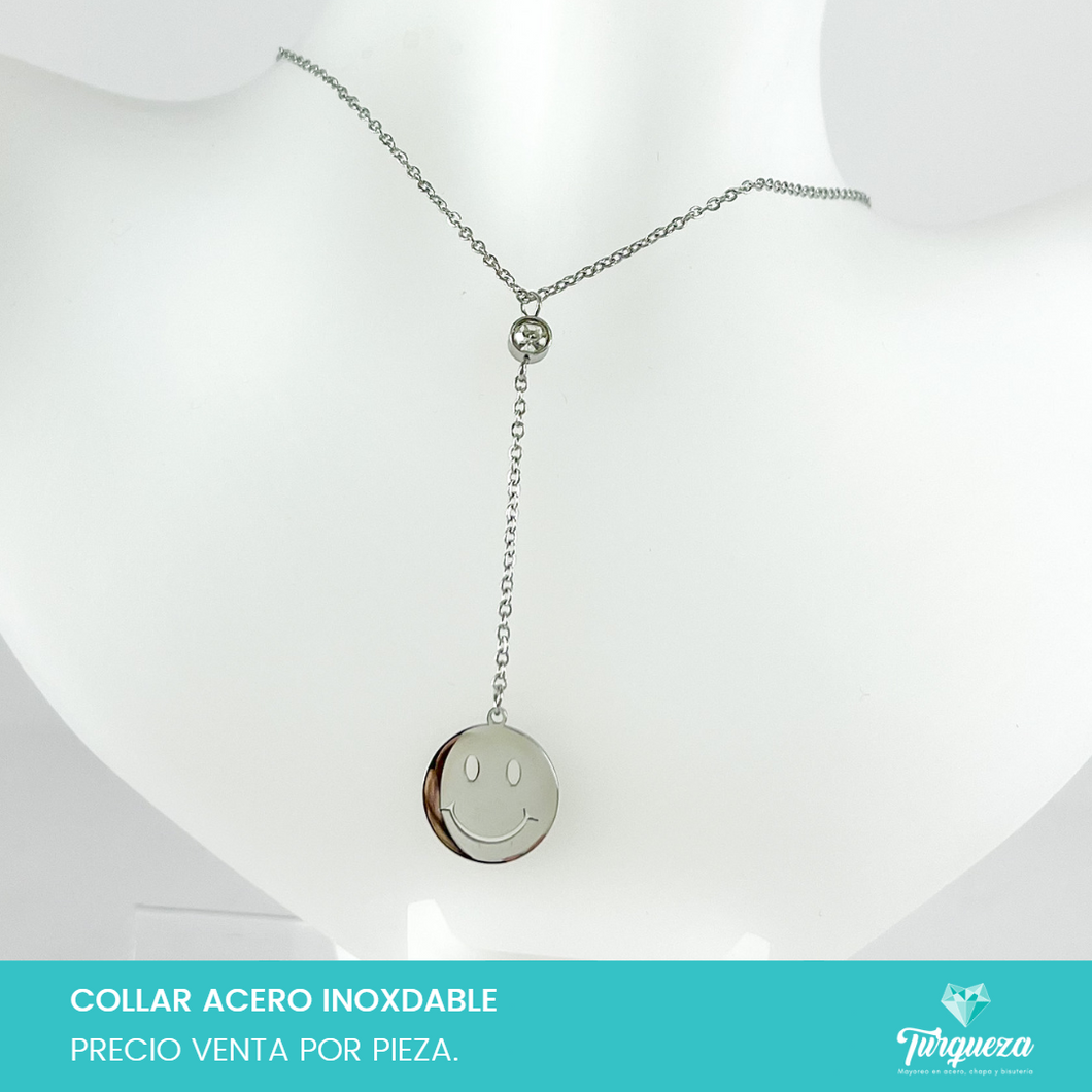 Collar Cara Feliz con 1 Zirconia Plateado Acero Inoxidable