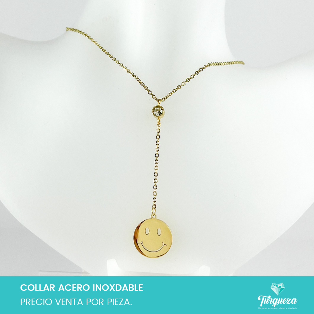 Collar Cara Feliz con 1 Zirconia Dorado Acero Inoxidable