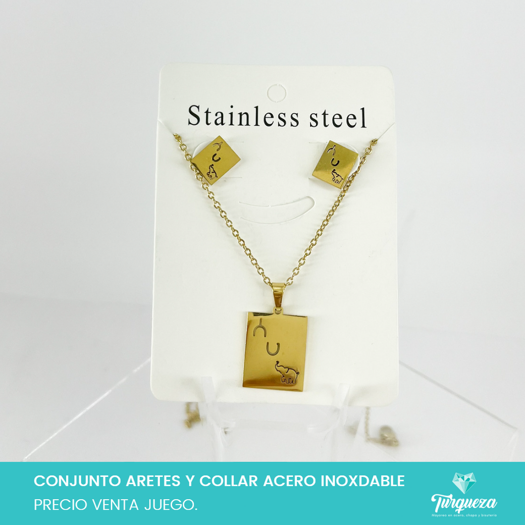 Conjunto Amuleto de la Suerte Rectangular Dorado Acero Inoxidable