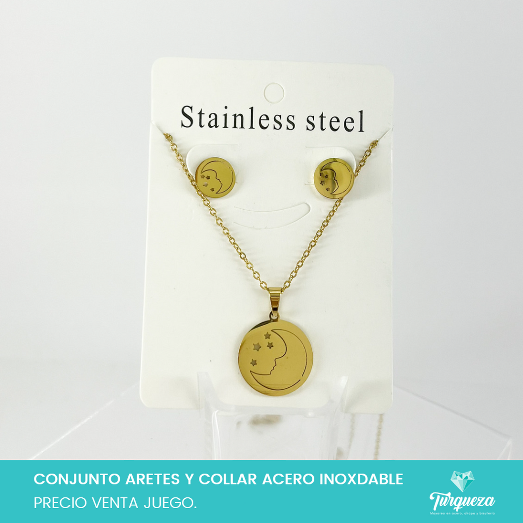 Conjunto Circulo Luna con Estrellas Dorado Acero Inoxidable