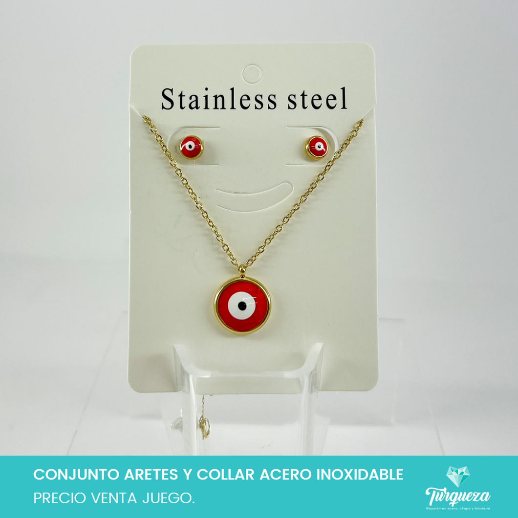 Conjunto Ojo Turc Rojo Dorado Acero Inoxidable