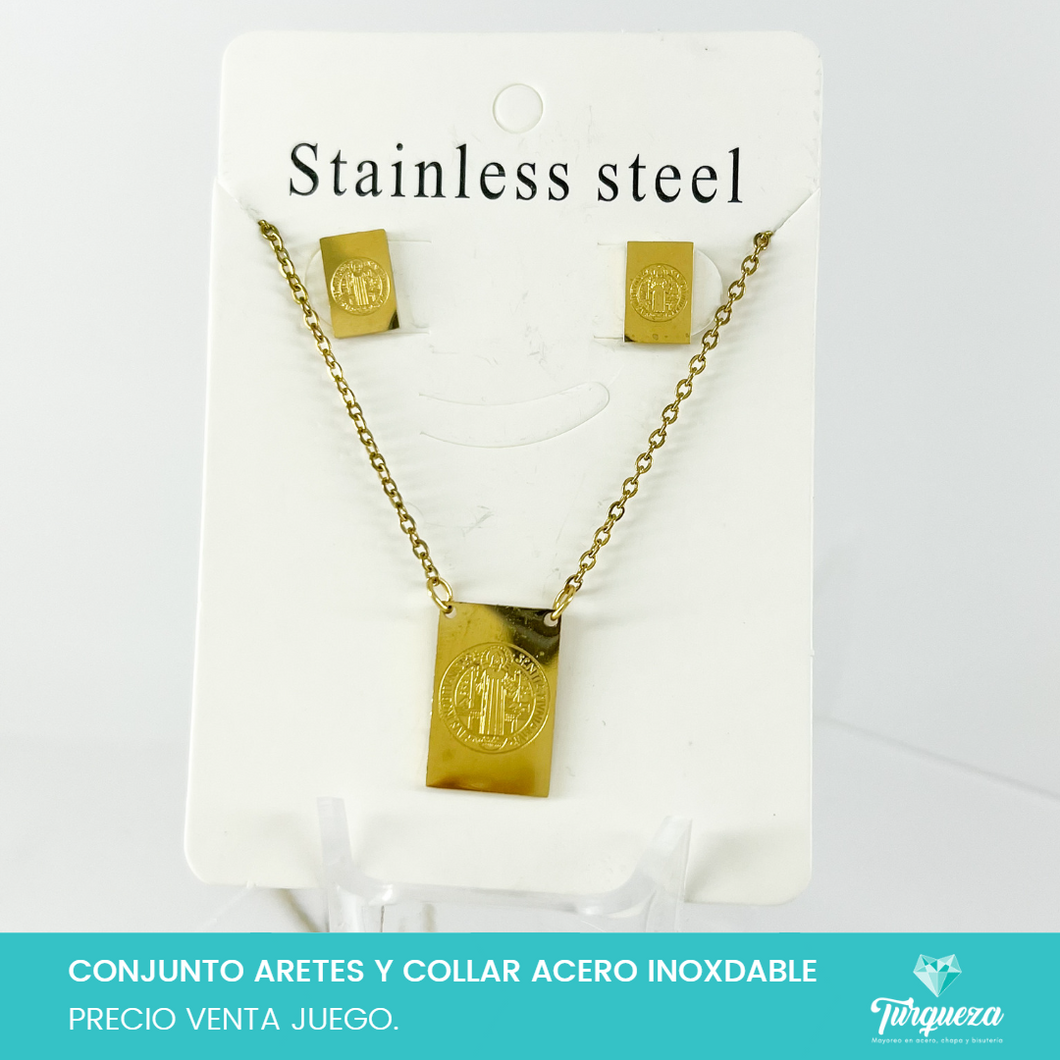 Conjunto San Benito Escapulario Dorado Acero Inoxidable