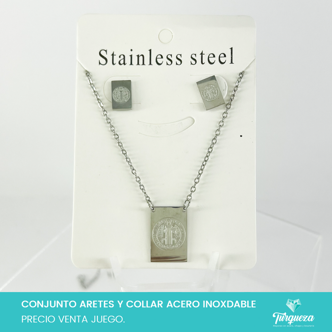 Conjunto San Benito Escapulario Plateado Acero Inoxidable