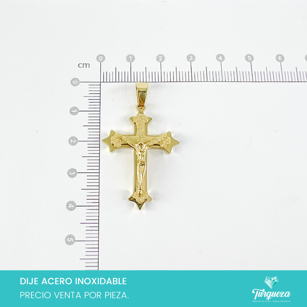 Dije Cruz 3D Azucarado con Cristo y Decoracion Dorada Acero Inoxidable