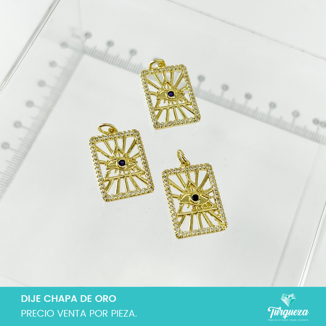 Dije Zirconia Rectangulo con Piramide y Ojo Chapa de oro