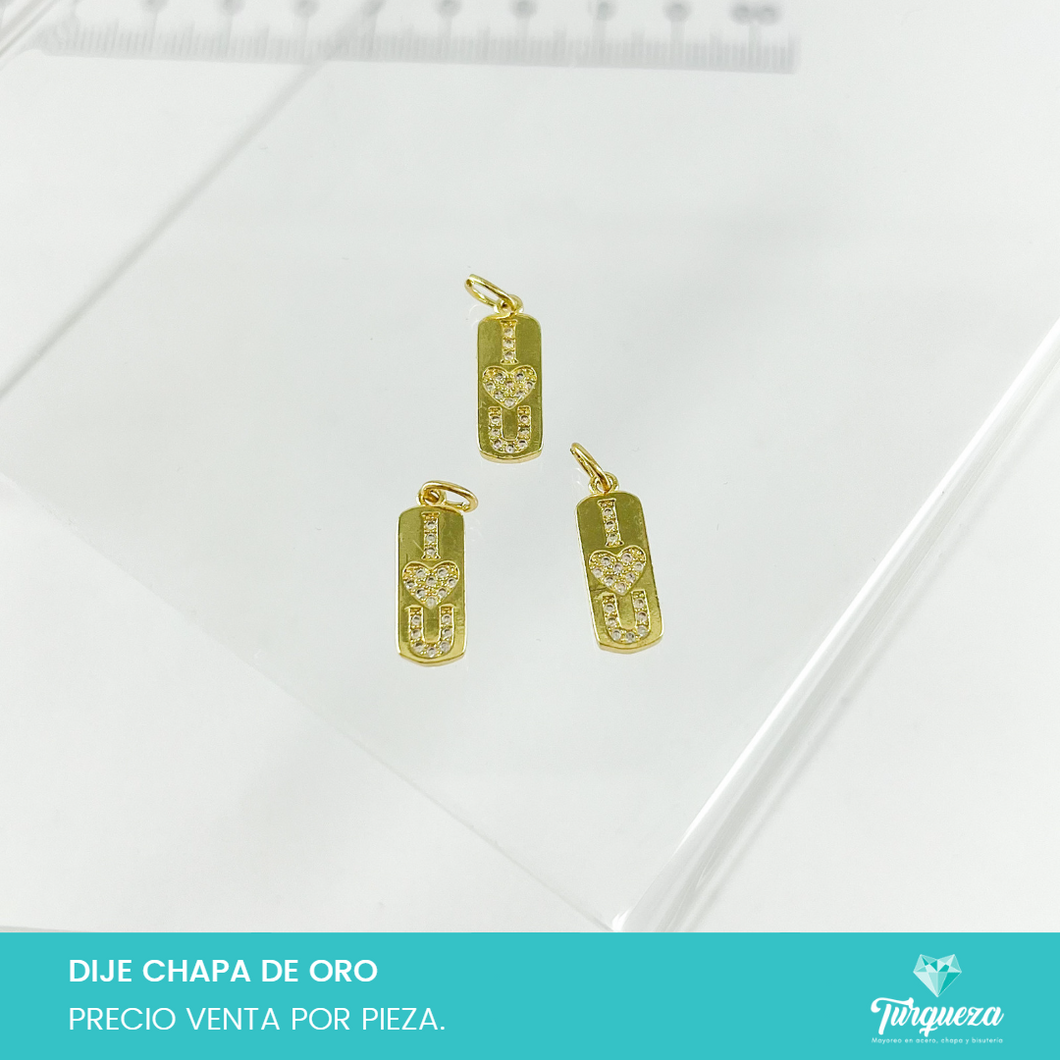 Dije Zirconia Rectangulo con I Love You Chapa de oro