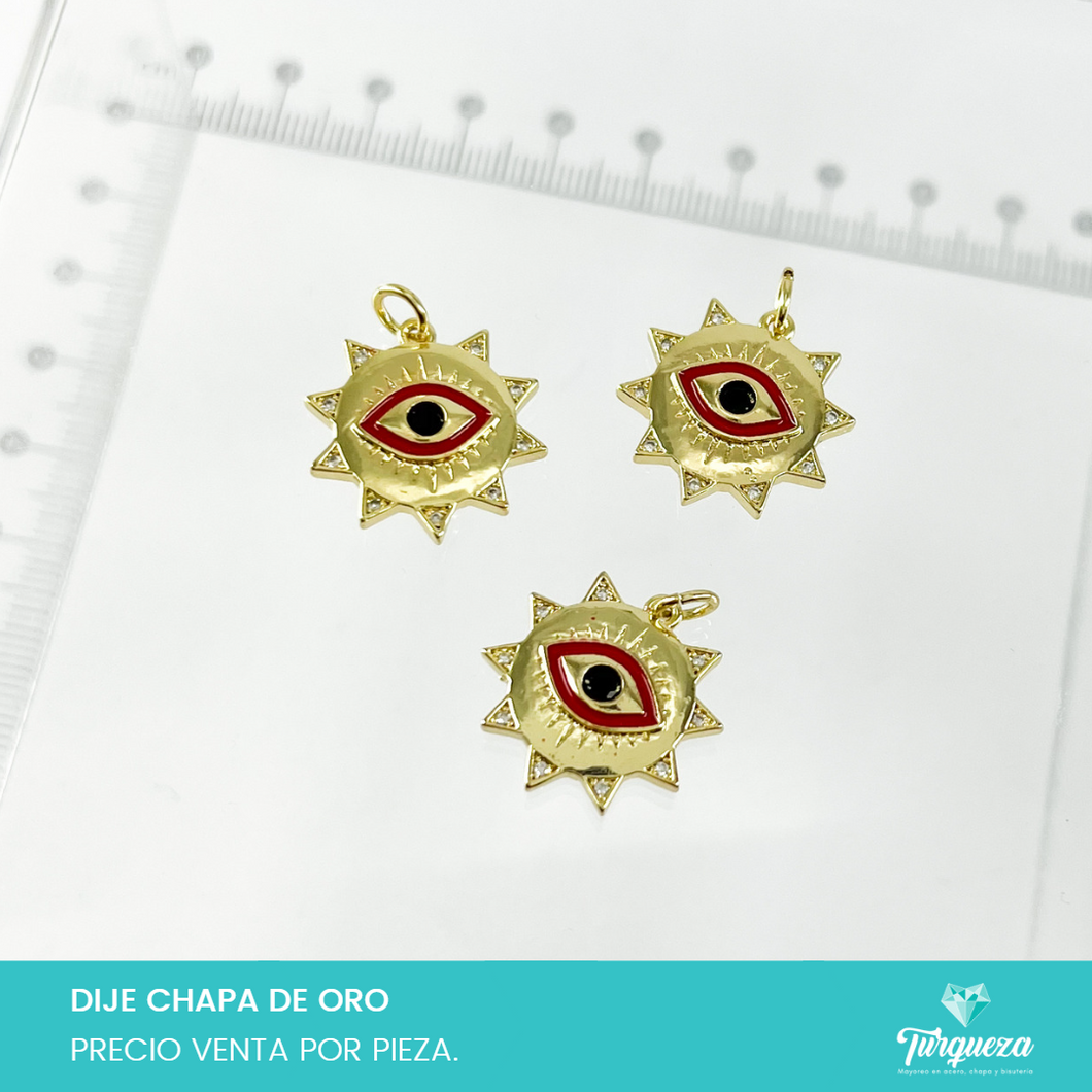 Dije Zirconia Sol Ojo Rojo Chapa de oro