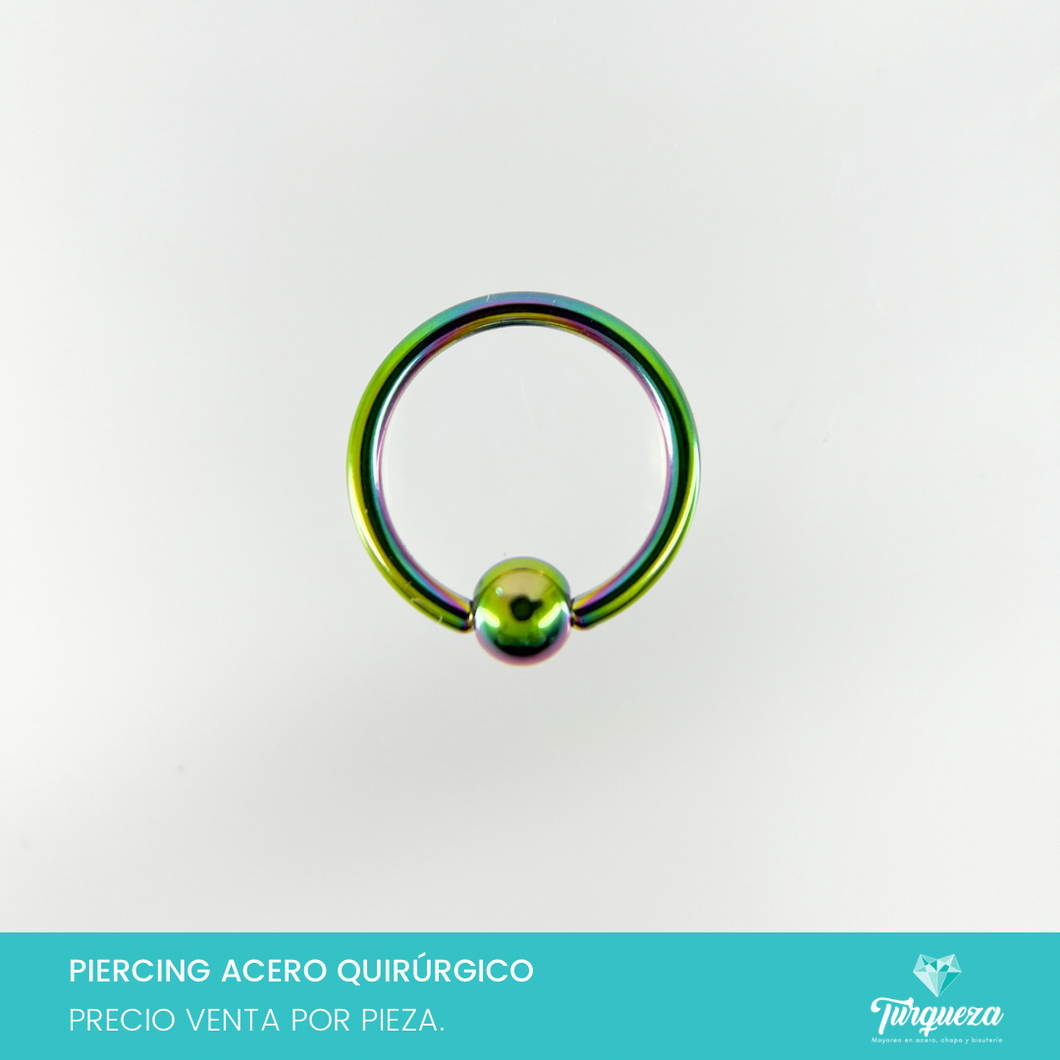 Arete Piercing Argolla con Bolita 1cm Tornasol para Oreja - Nariz Acero Quirúrgico