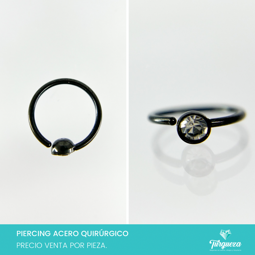 Arete Piercing Argolla con Zirconia 9mm Negro para Oreja - Nariz Acero Quirúrgico