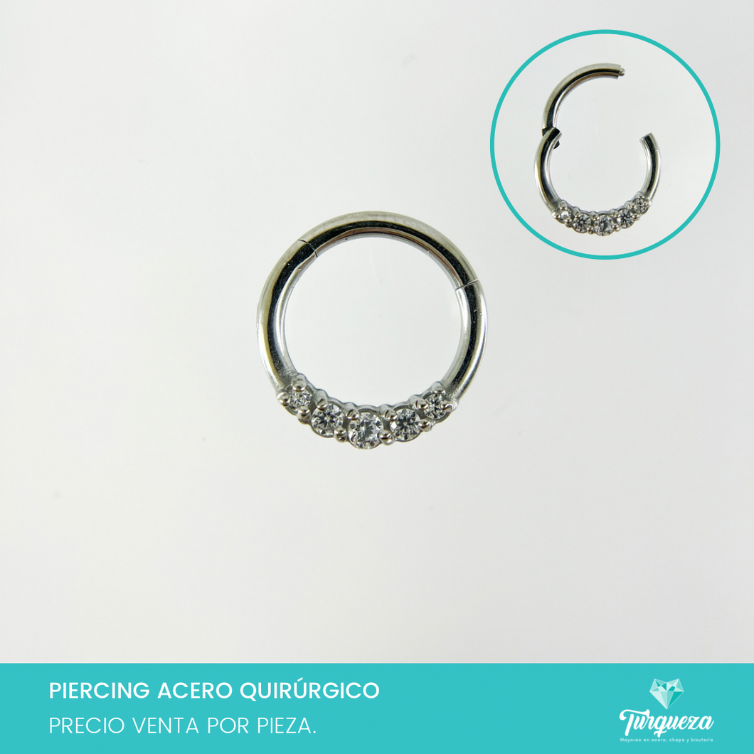 Arete Piercing Helix Septum 5 Zirconias Plateado Nariz Acero Quirúrgico