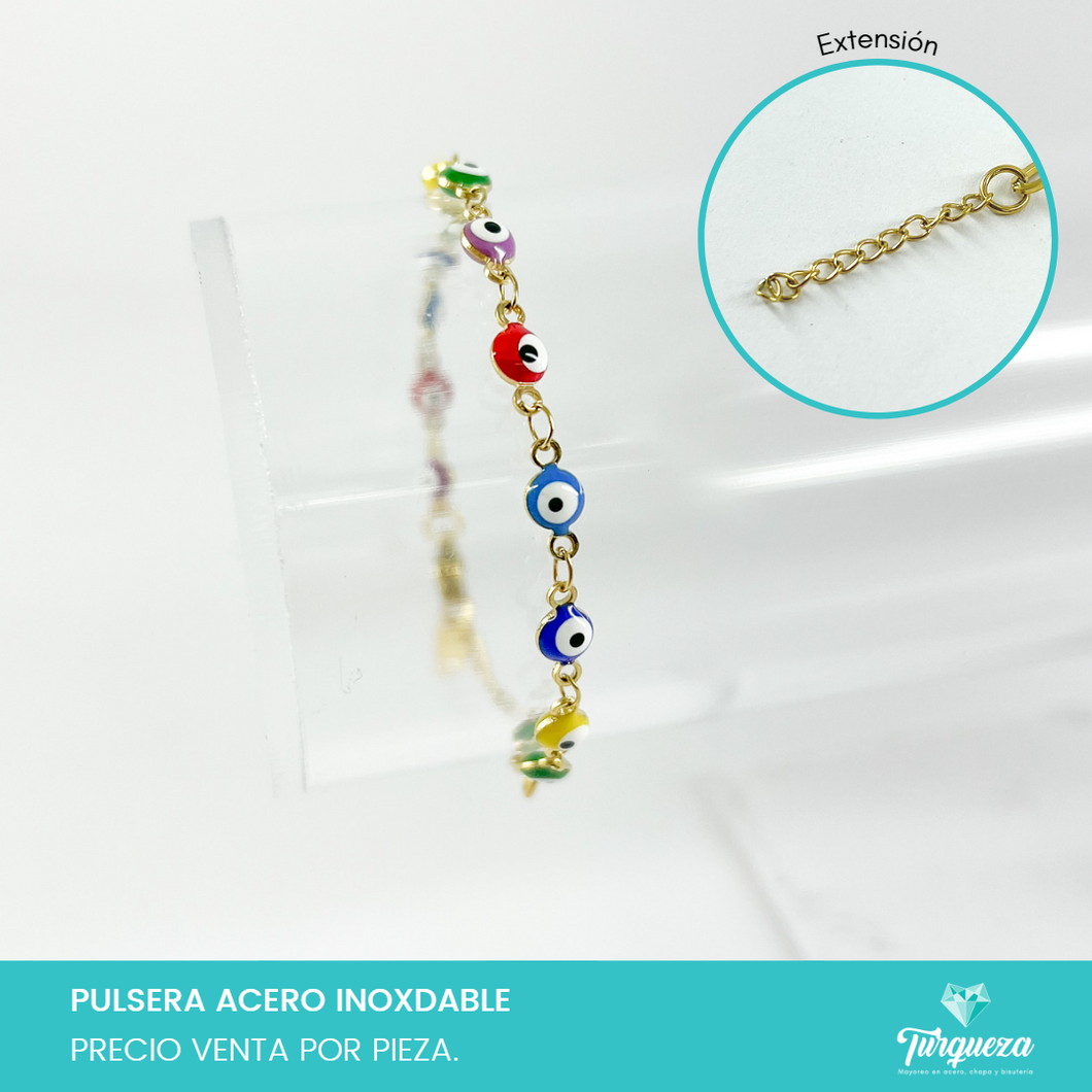 Pulsera Ojo Turco Multicolor 2 Dorada (18cm-4mm) Acero Inoxidable