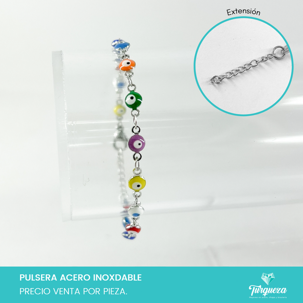 Pulsera Ojo Turco Multicolor 2 Plateada (18cm-4mm) Acero Inoxidable